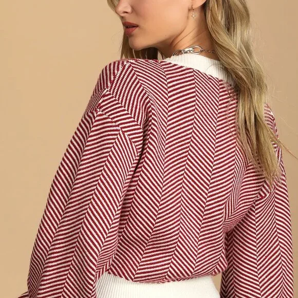 Lulus Here Comes A Holiday Red And White Striped Button-up Cardigan - Size S - Picture 4 of 4